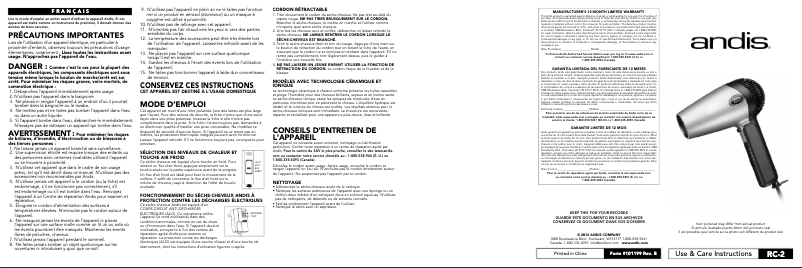Page 1 de la notice Manuel utilisateur Andis RC-2