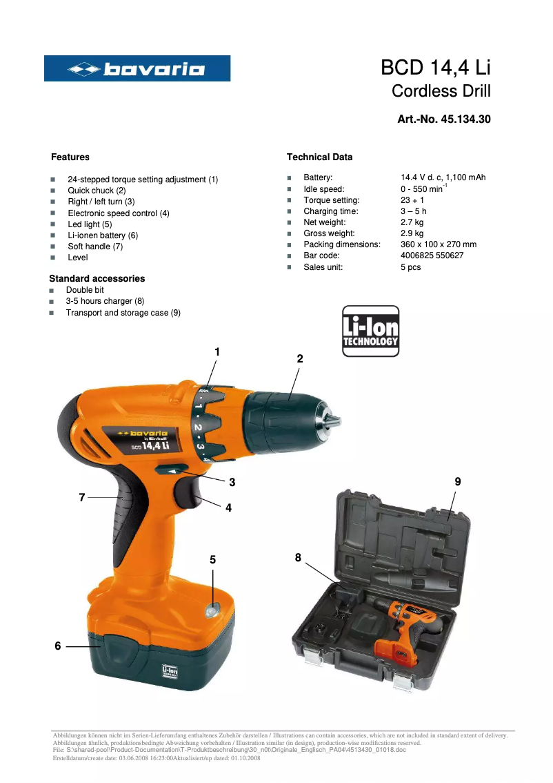 Page 1 de la notice Manuel utilisateur Bavaria BCD 14,4 Li
