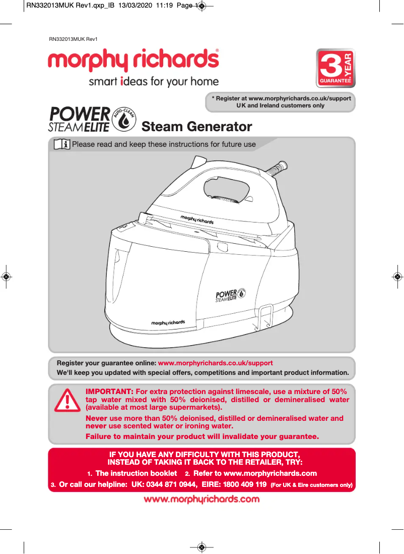 Page 1 de la notice Manuel utilisateur Morphy Richards Power SteamElite Plus 332013