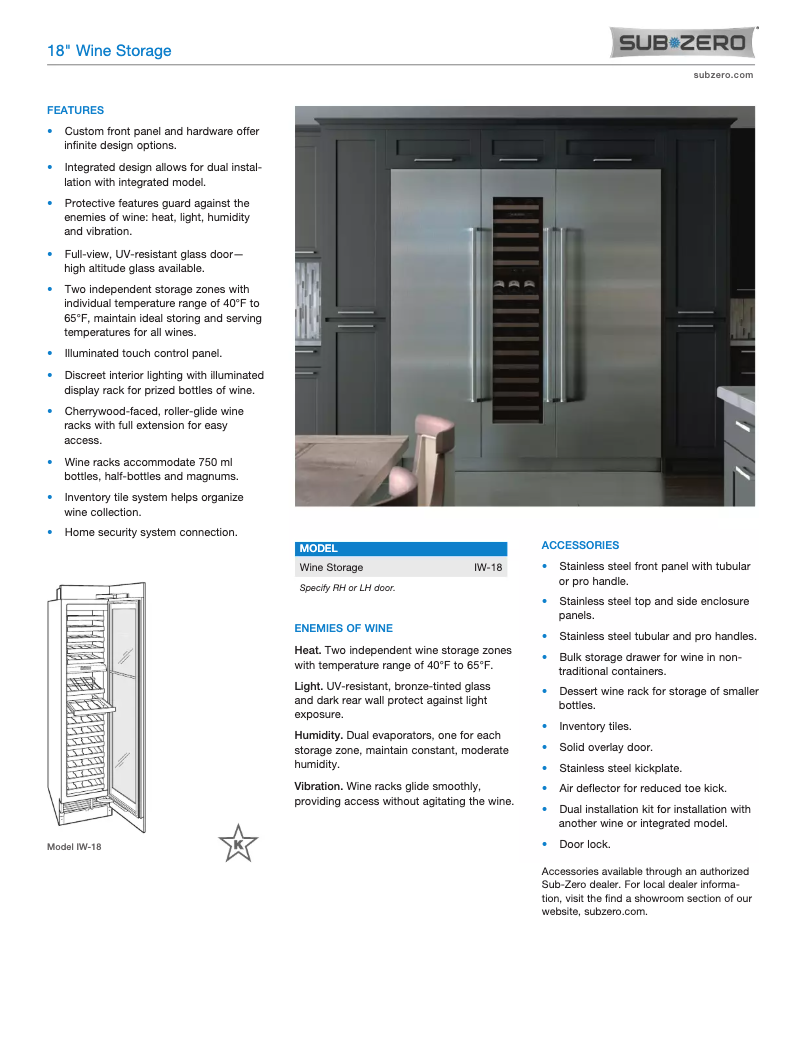 Page 1 de la notice Fiche technique Sub-Zero IW-18