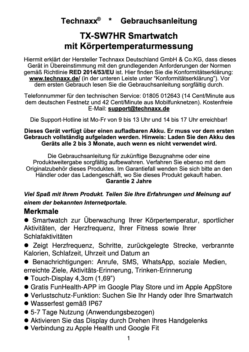 Page n°1 - Manuel utilisateur Technaxx TX-SW7HR