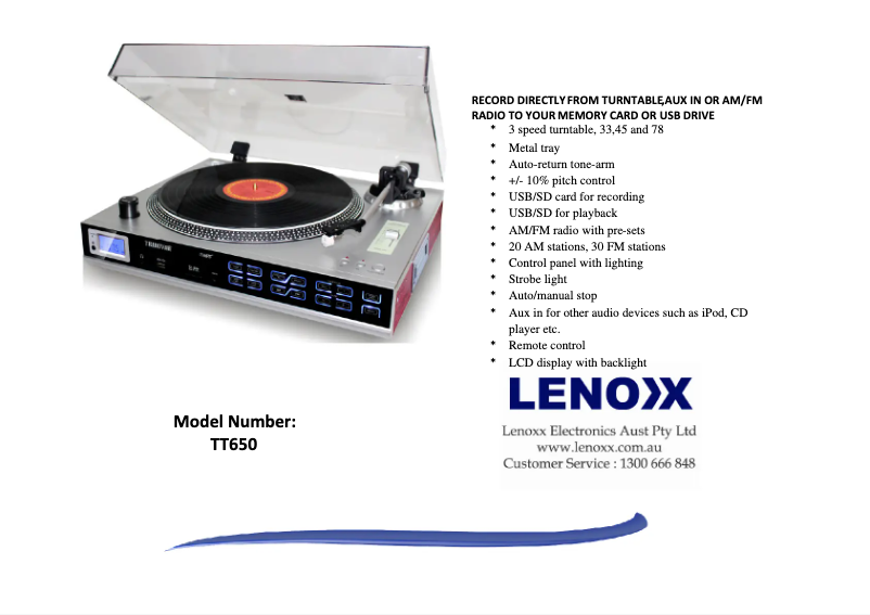 Page 1 de la notice Fiche technique Lenoxx TT650