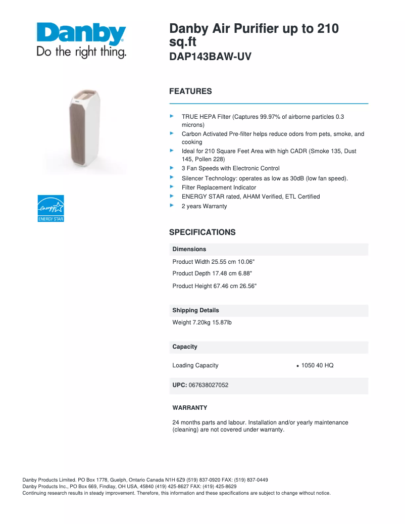 Página 1 del manual Ficha técnica Danby DAP143BAW-UV