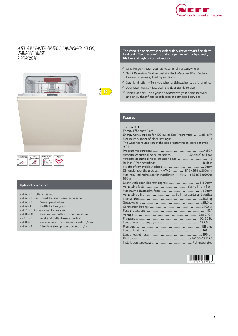 Page 1 of the manual Technical Sheet Neff S195HCX02G