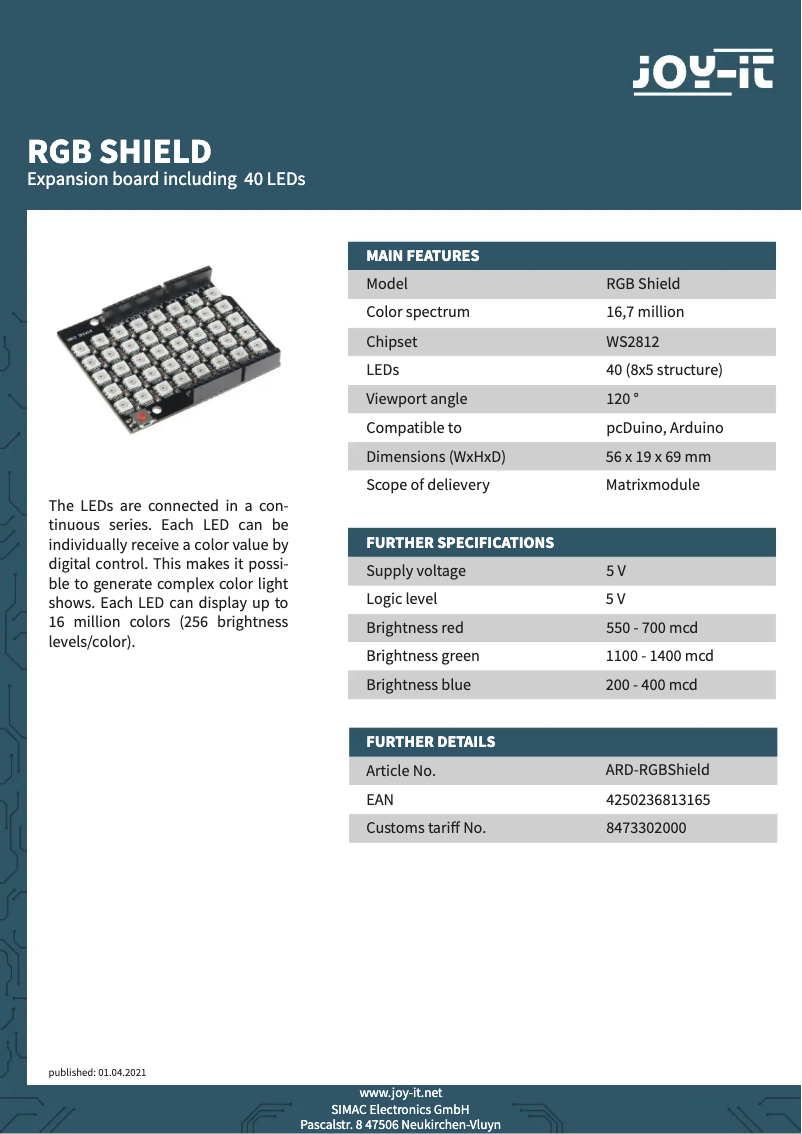 Page 1 de la notice Fiche technique Joy-It ARD-RGBShield