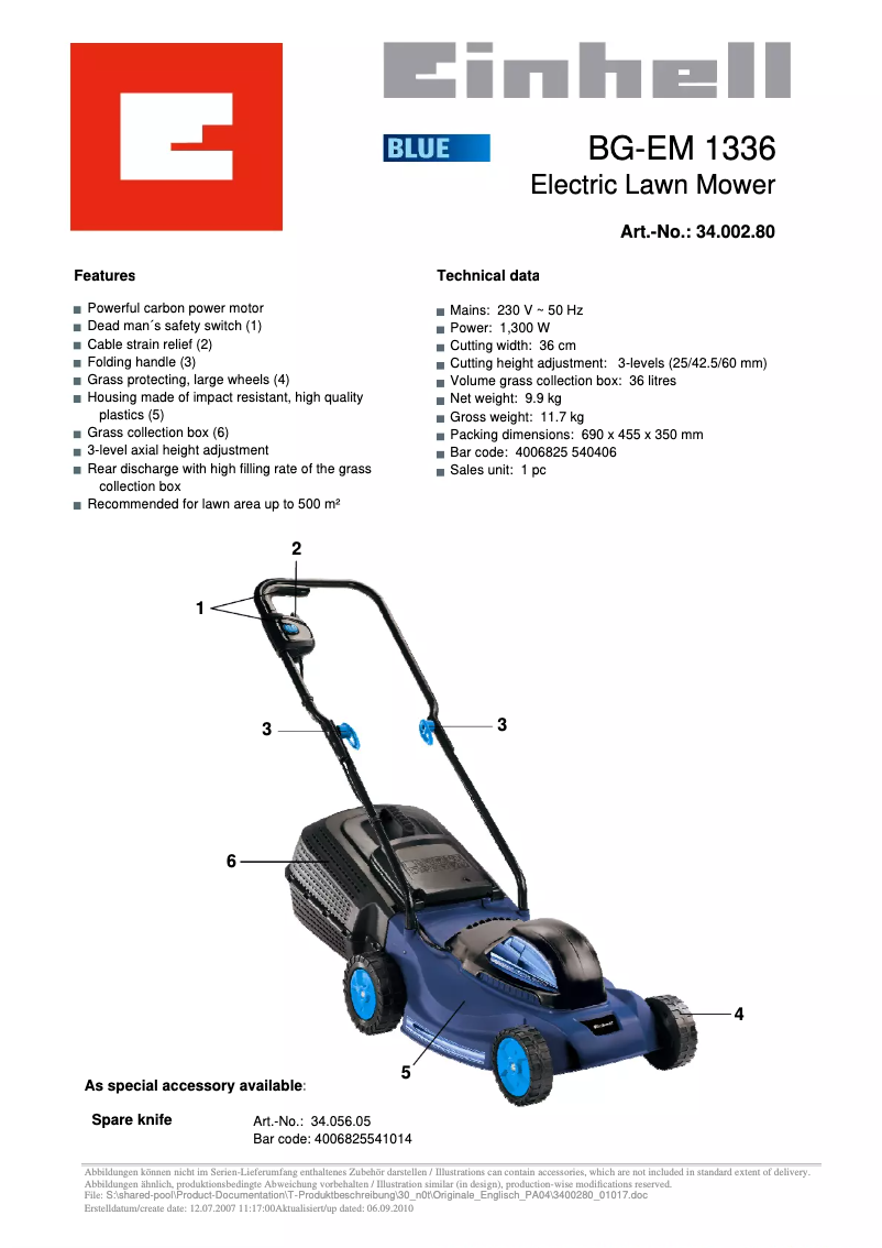 Page 1 de la notice Manuel utilisateur Einhell BG-EM 1336