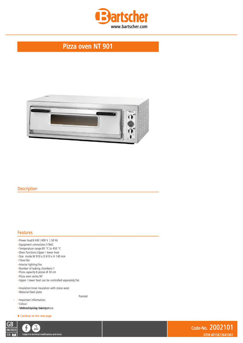 Page n°1 - Fiche technique Bartscher NT 901