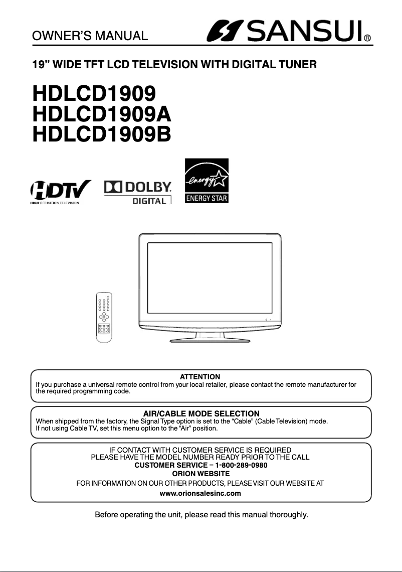 Image de la première page du manuel de l'appareil HDLCD1909