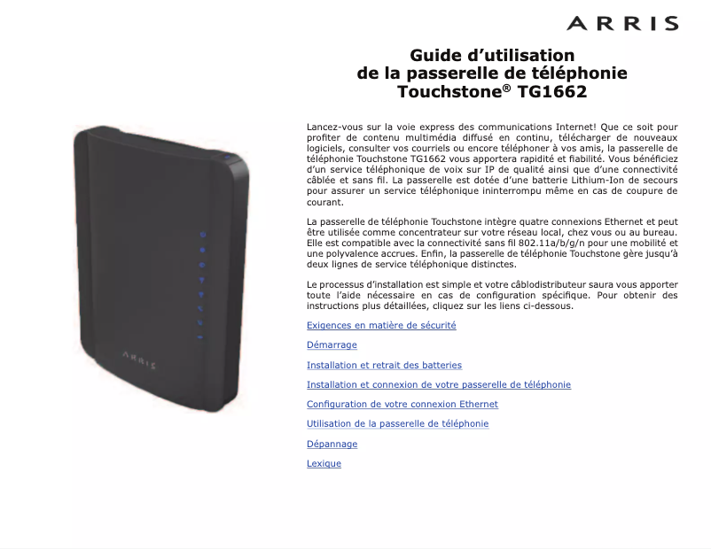 Page 1 de la notice Manuel utilisateur Arris Touchstone TG1662G