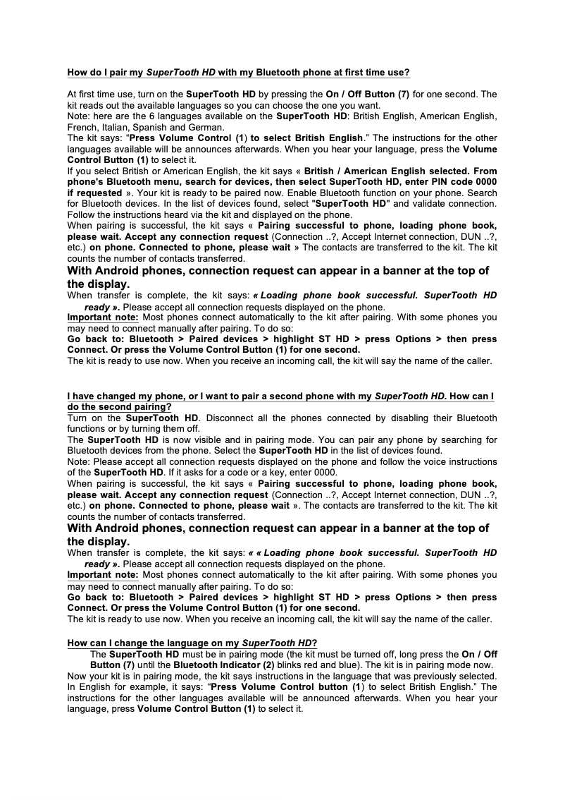 Page 1 de la notice FAQ SuperTooth HD