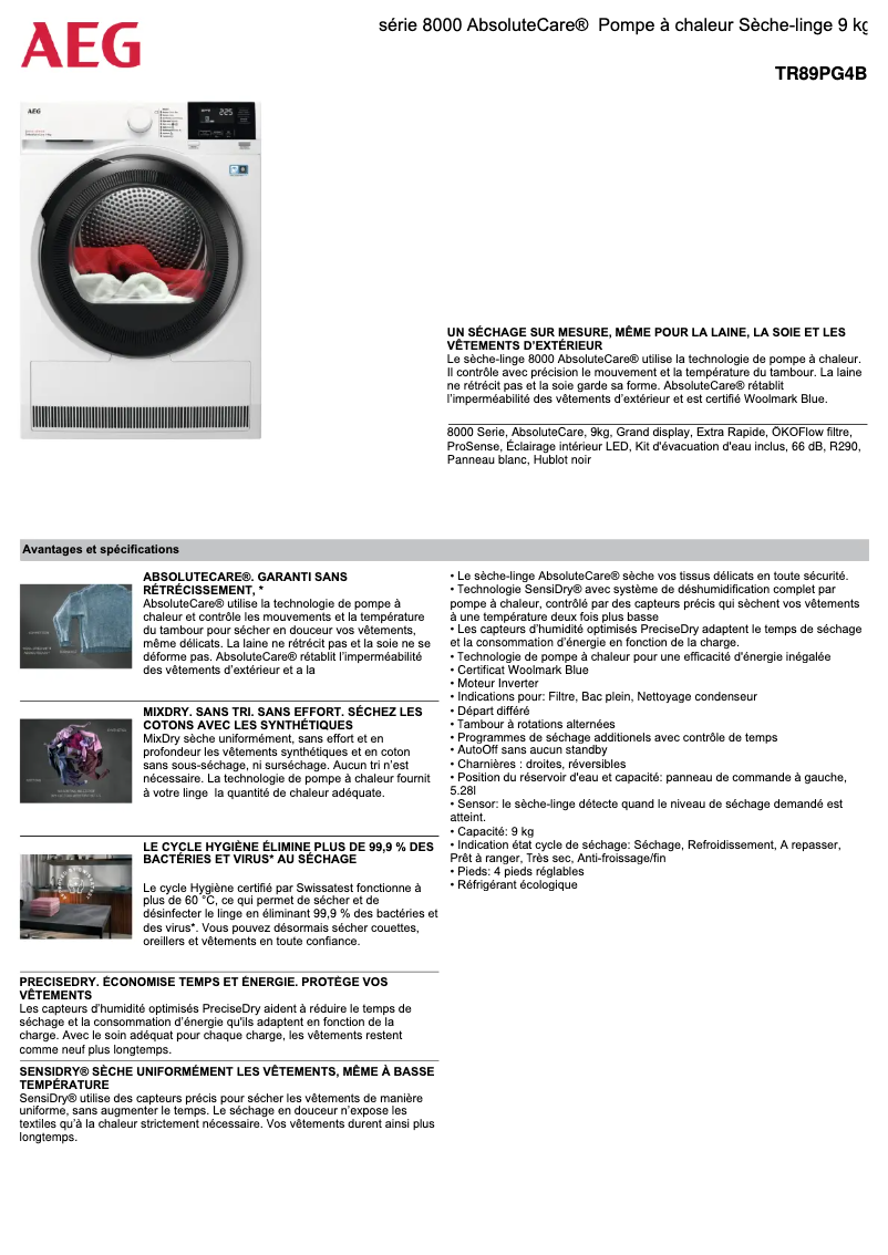 Page 1 de la notice Fiche technique AEG TR89PG4B