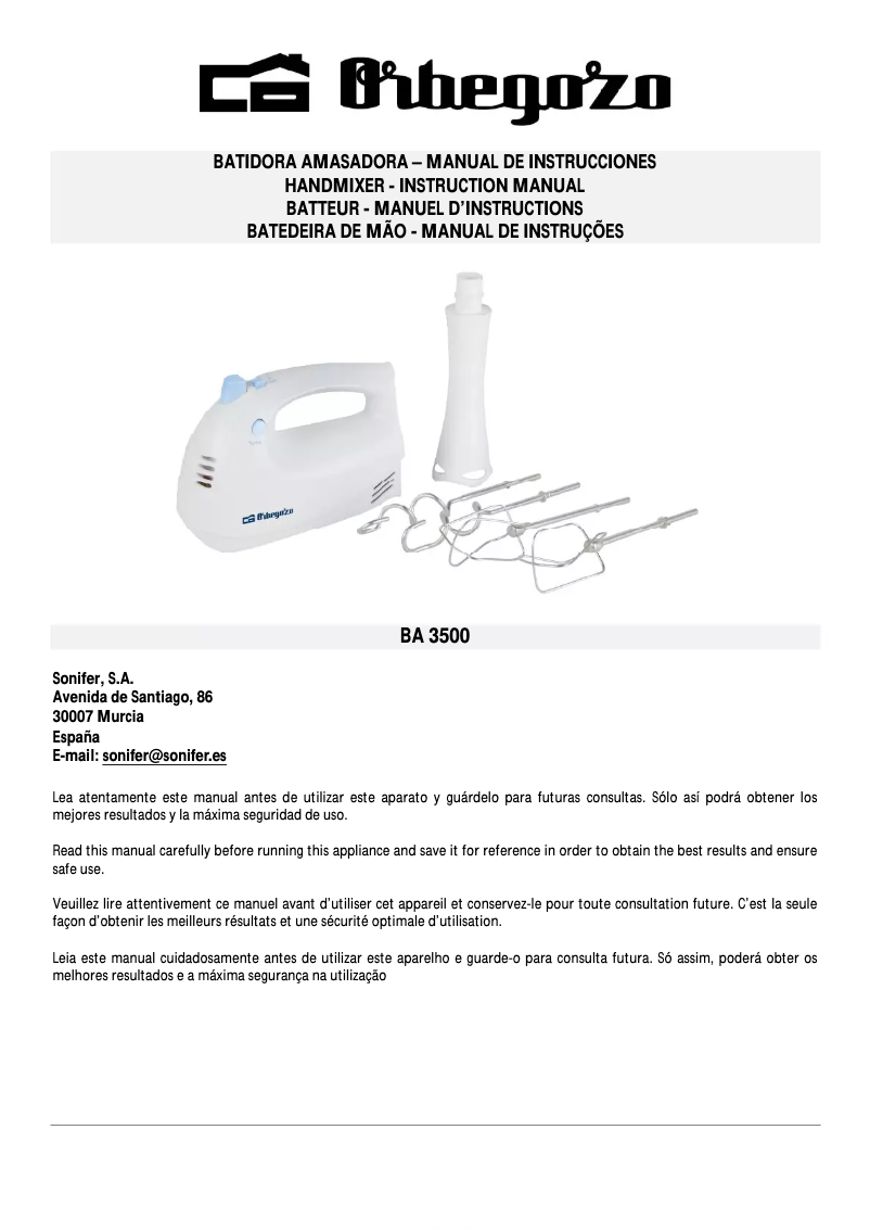 Page n°1 - Manuel utilisateur Orbegozo BA 3500