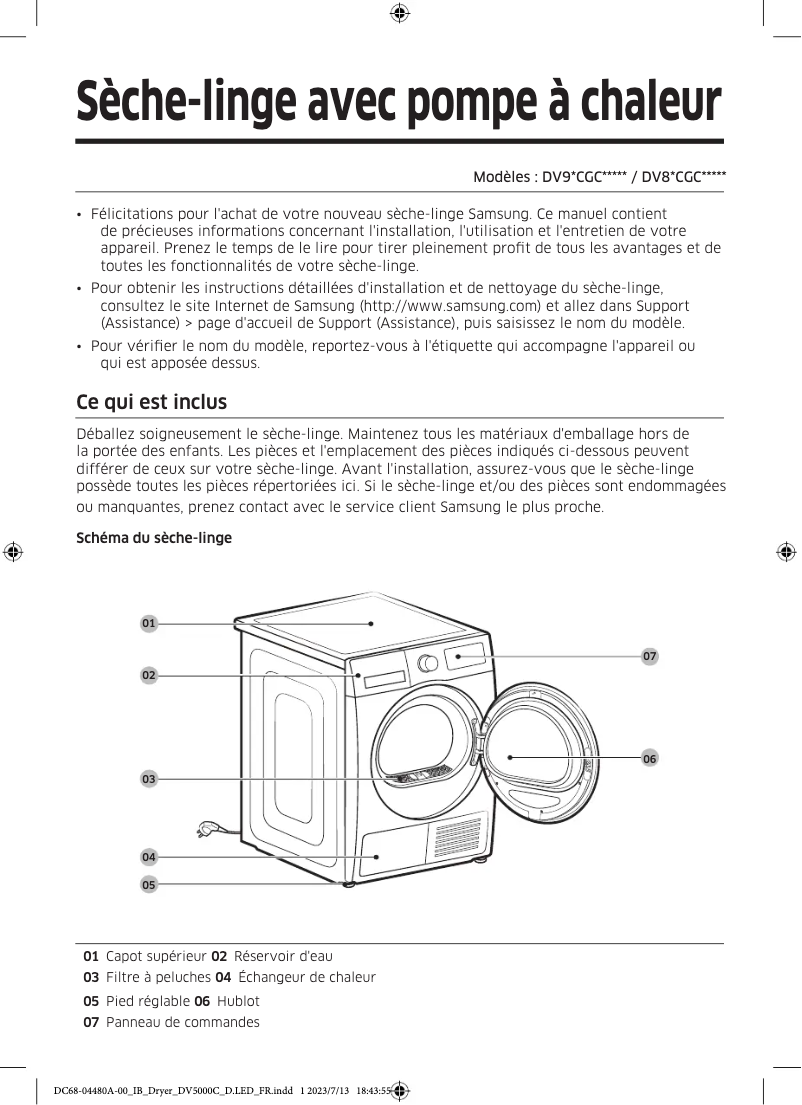 Page 1 de la notice Manuel utilisateur Samsung DV90CGC0A0AH