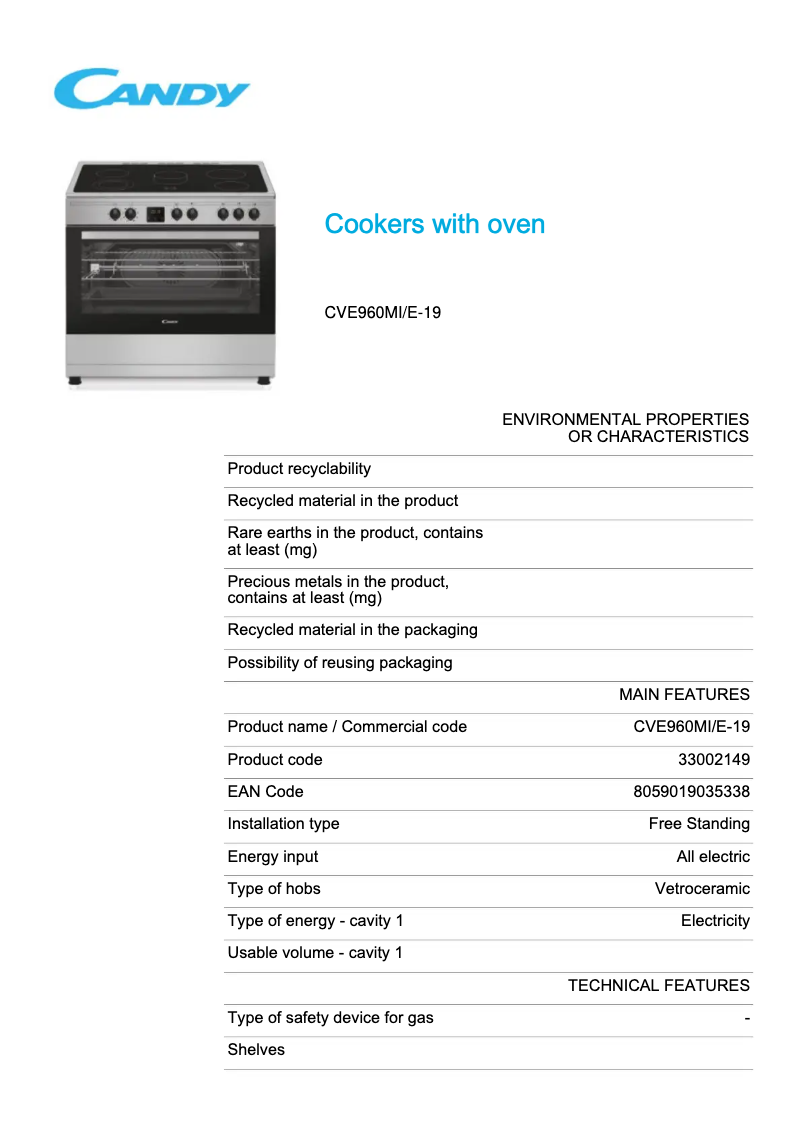 Page 1 de la notice Fiche technique Candy CVE960MI/E-19