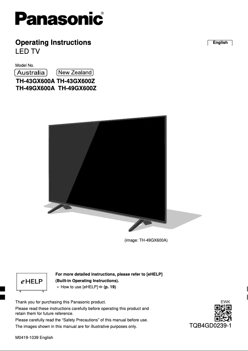 Page 1 de la notice Manuel utilisateur Panasonic TH-43GX600A