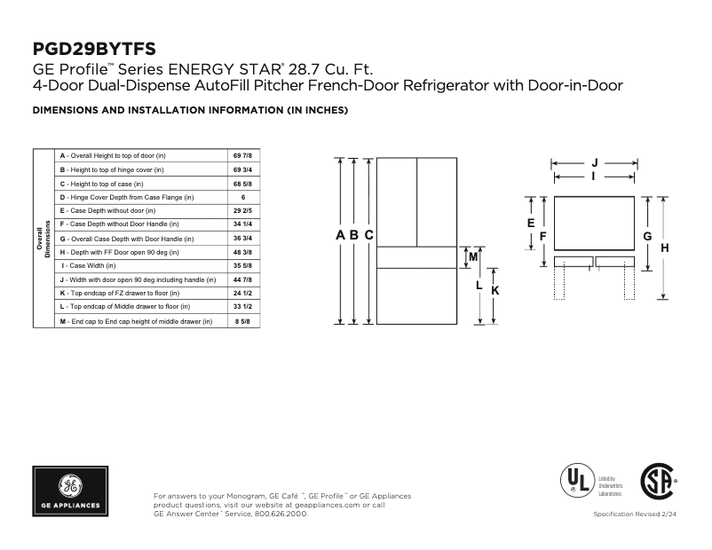 Page 1 of the manual Technical Sheet GE PGD29BYTFS