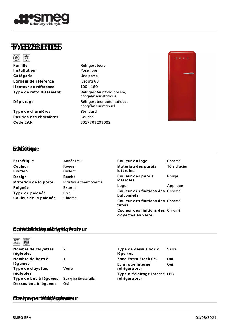Page n°1 - Fiche technique Smeg FAB28LRD5