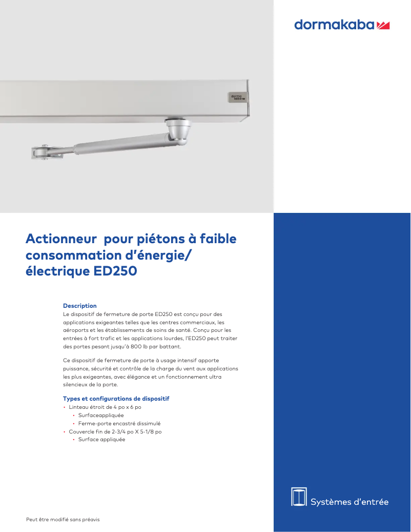 Page 1 de la notice Fiche technique Dormakaba ED250