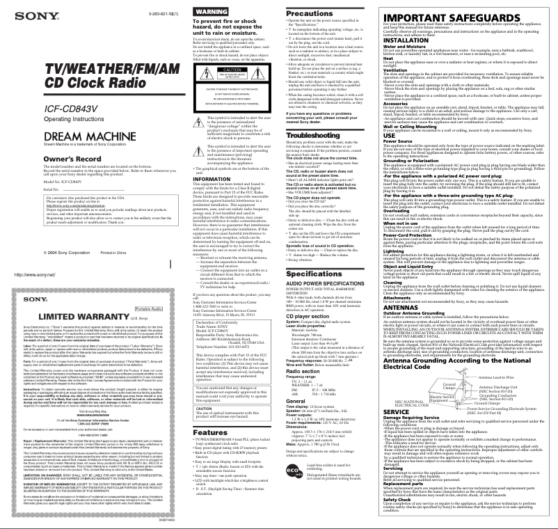 Page 1 de la notice Manuel utilisateur Sony ICF-CD843V