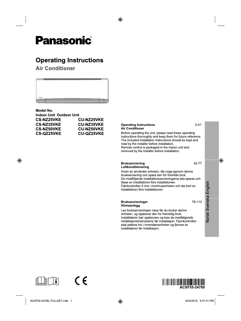 Page 1 de la notice Manuel utilisateur Panasonic CS-NZ35VKE