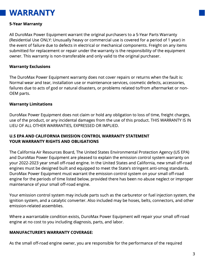 Page 1 de la notice Informations de garantie DuroMax XP15000HXT