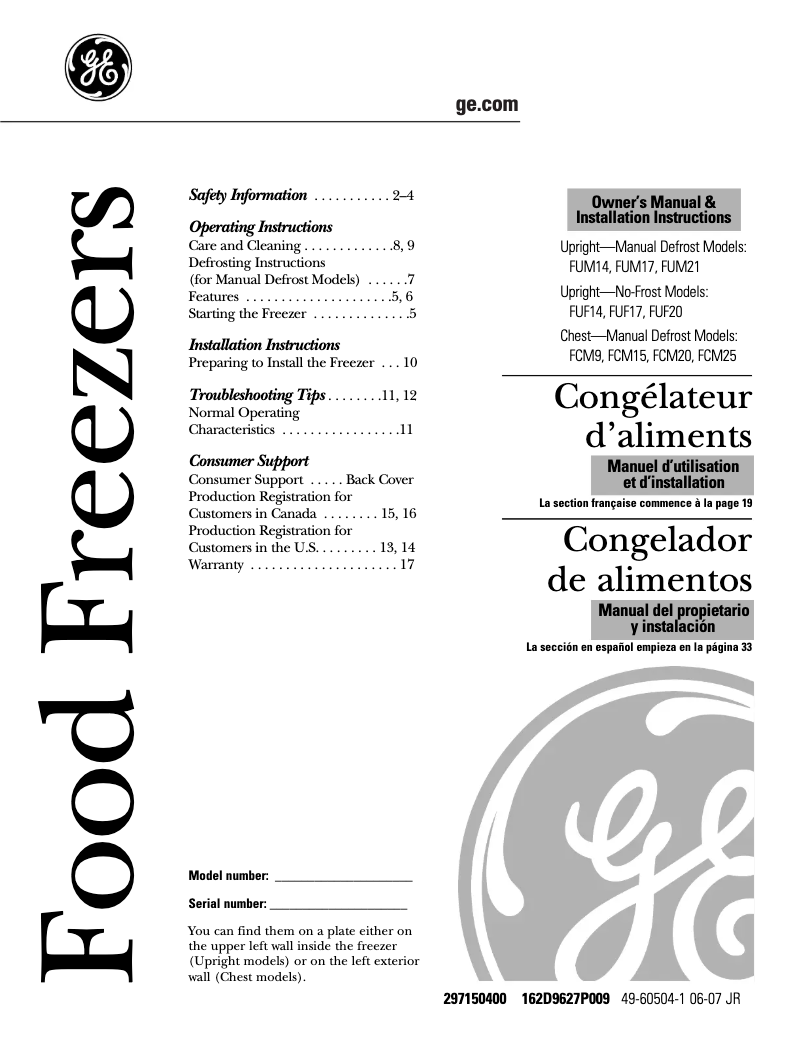 Page n°1 - Manuel d'utilisation et d'entretien GE FUM21SMRWH
