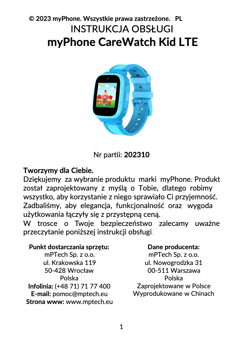 Page 1 de la notice Manuel utilisateur myPhone CareWatch Kid LTE