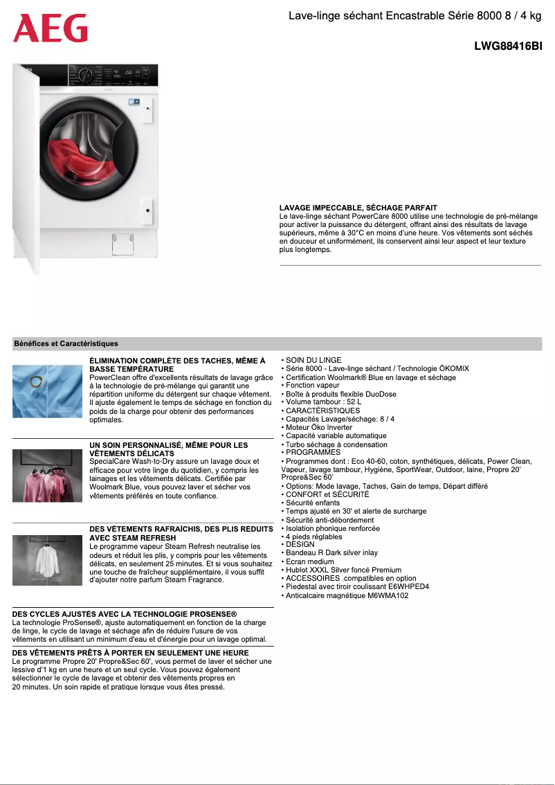 Page 1 de la notice Fiche technique AEG LWG88416BI