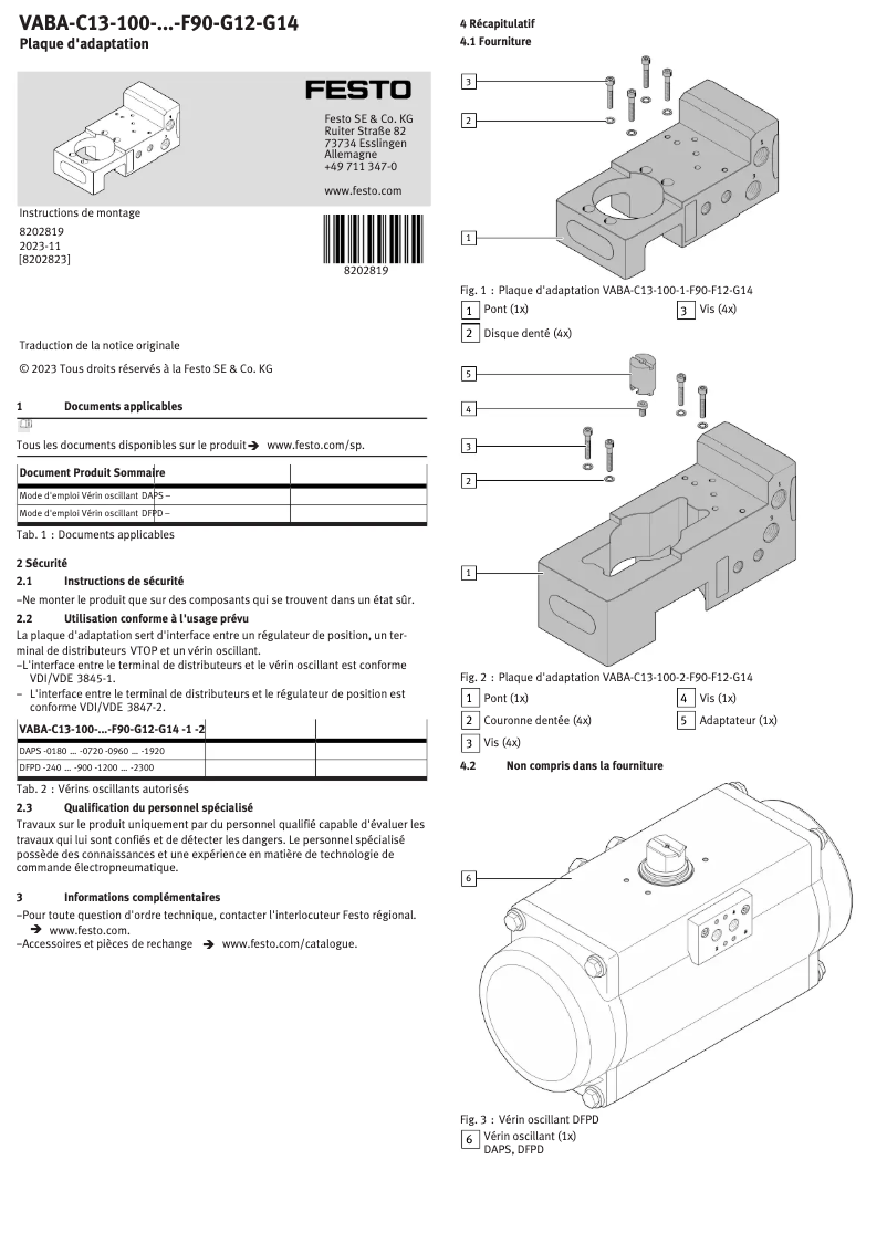 Page 1 de la notice Manuel utilisateur Festo VABA-C13-100-1-F90-G12-G14