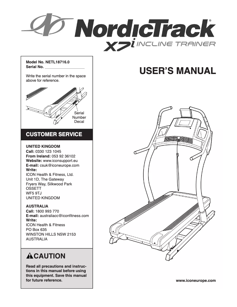 Page n°1 - Manuel utilisateur NordicTrack X7i Incline Trainer