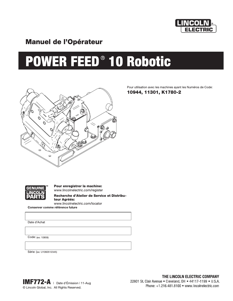 Page 1 de la notice Manuel utilisateur Lincoln Electric Power Feed 10 Robotic