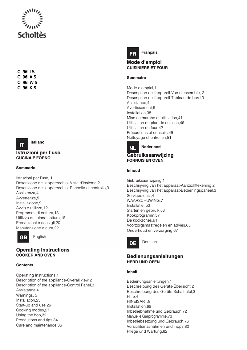 Page n°1 - Manuel utilisateur Scholtès CI 96I I S