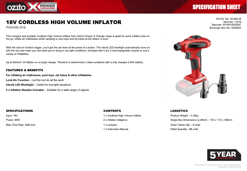Page n°1 - Fiche technique Ozito PXHVIS-018