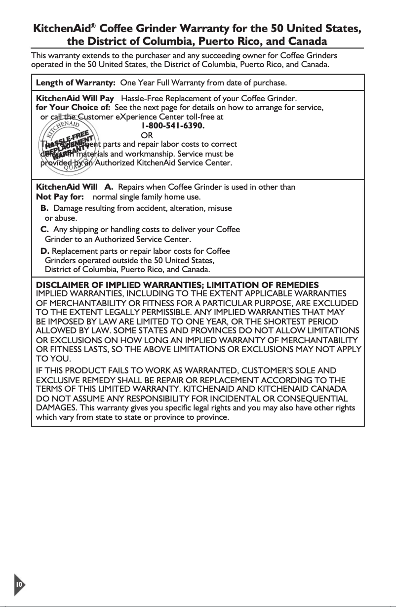 Page 1 de la notice Informations de garantie KitchenAid BCG111ER