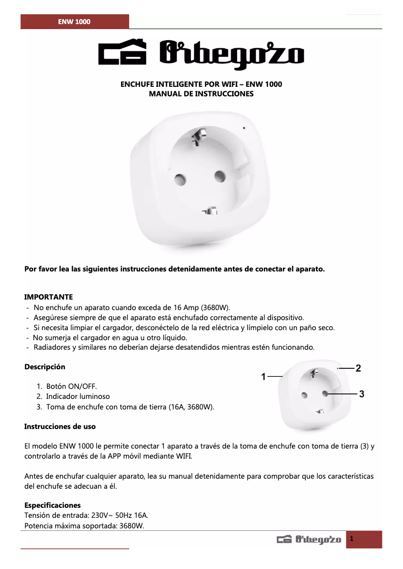 Page 1 de la notice Manuel utilisateur Orbegozo ENW 1000