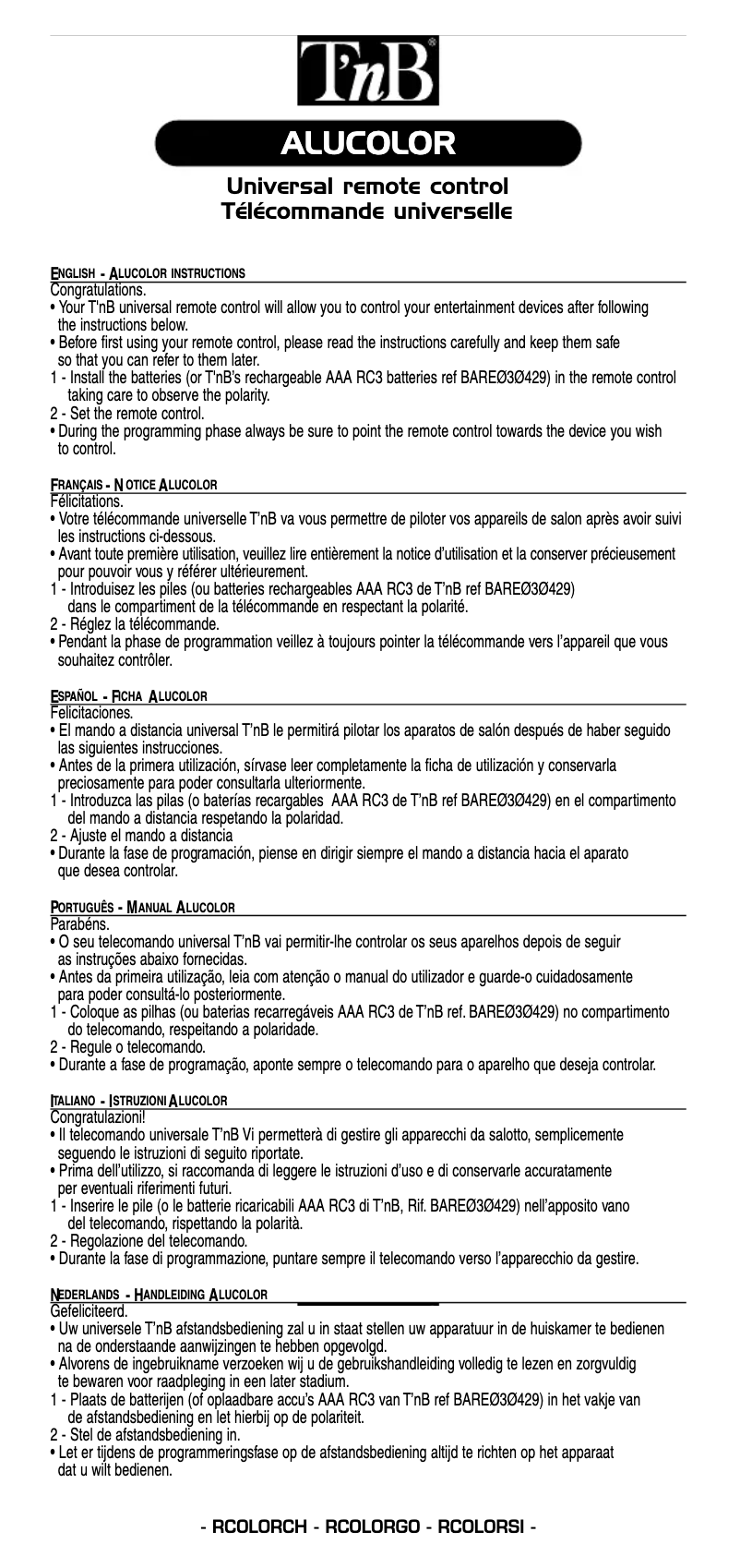 Page 1 de la notice Manuel utilisateur T'nB RCOLORGO