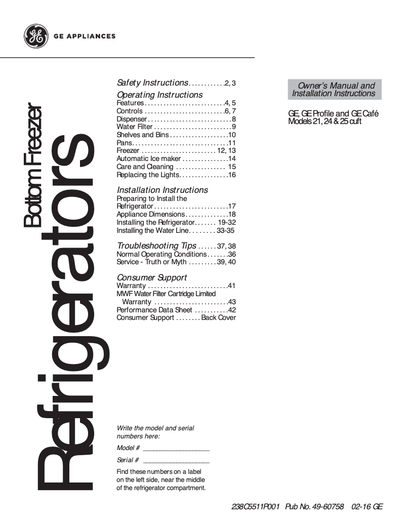 Page 1 de la notice Fiche technique GE GNE25JGKWW