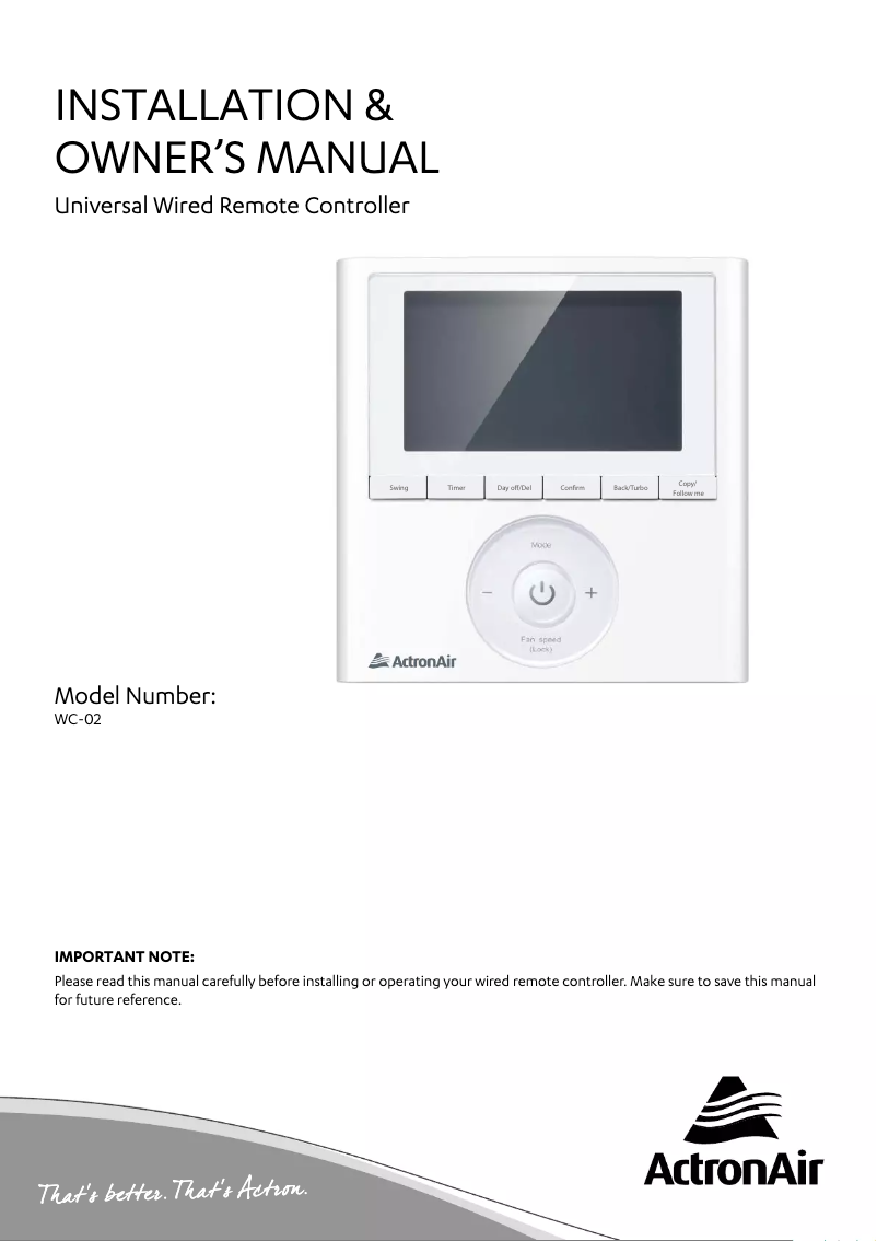 Página 1 del manual Manual de usuario ActronAir LRC-071CS