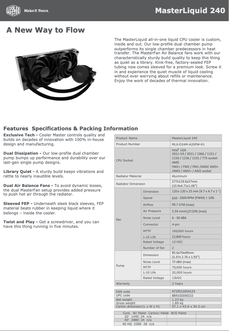 Page n°1 - Fiche technique Cooler Master MasterLiquid 240