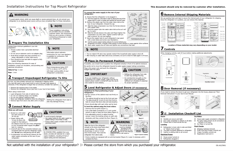 Page 1 de la notice Guide d'installation Frigidaire FFHT1614Q