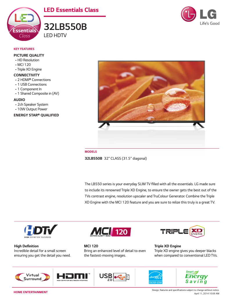 Página 1 del manual Ficha técnica LG 32LB550B