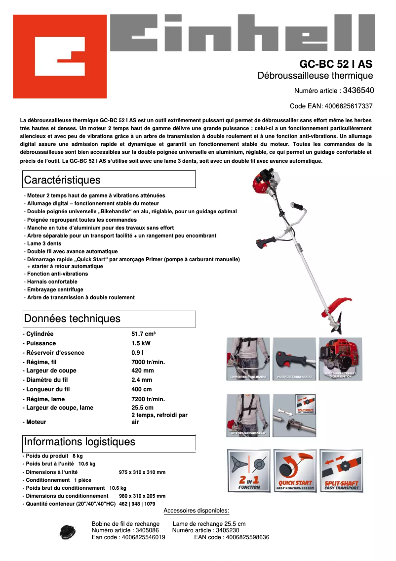 Page n°1 - Fiche technique Einhell GC-BC 52 I AS