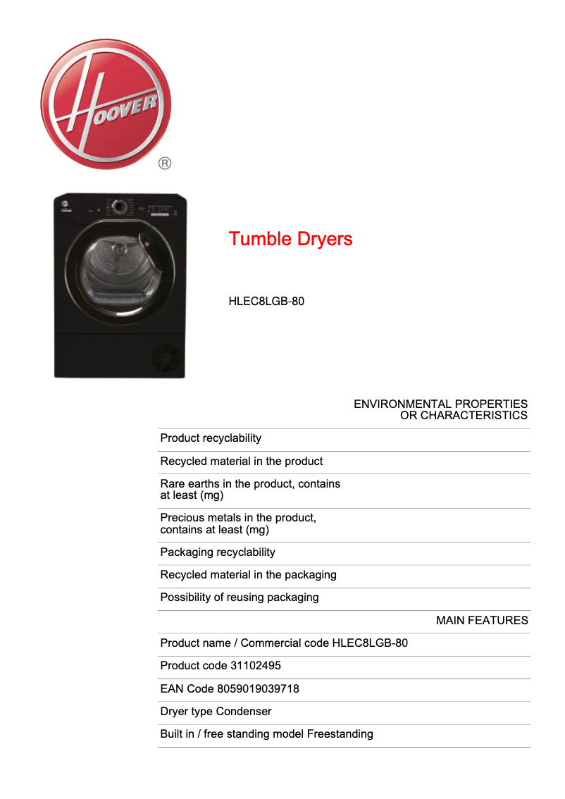 Page 1 de la notice Fiche technique Hoover HLEC8LGB-80