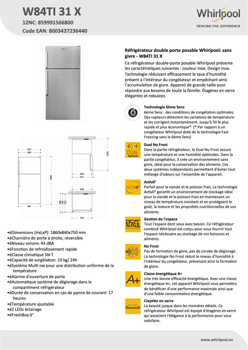 Page n°1 - Fiche technique Whirlpool W84TI 31 X