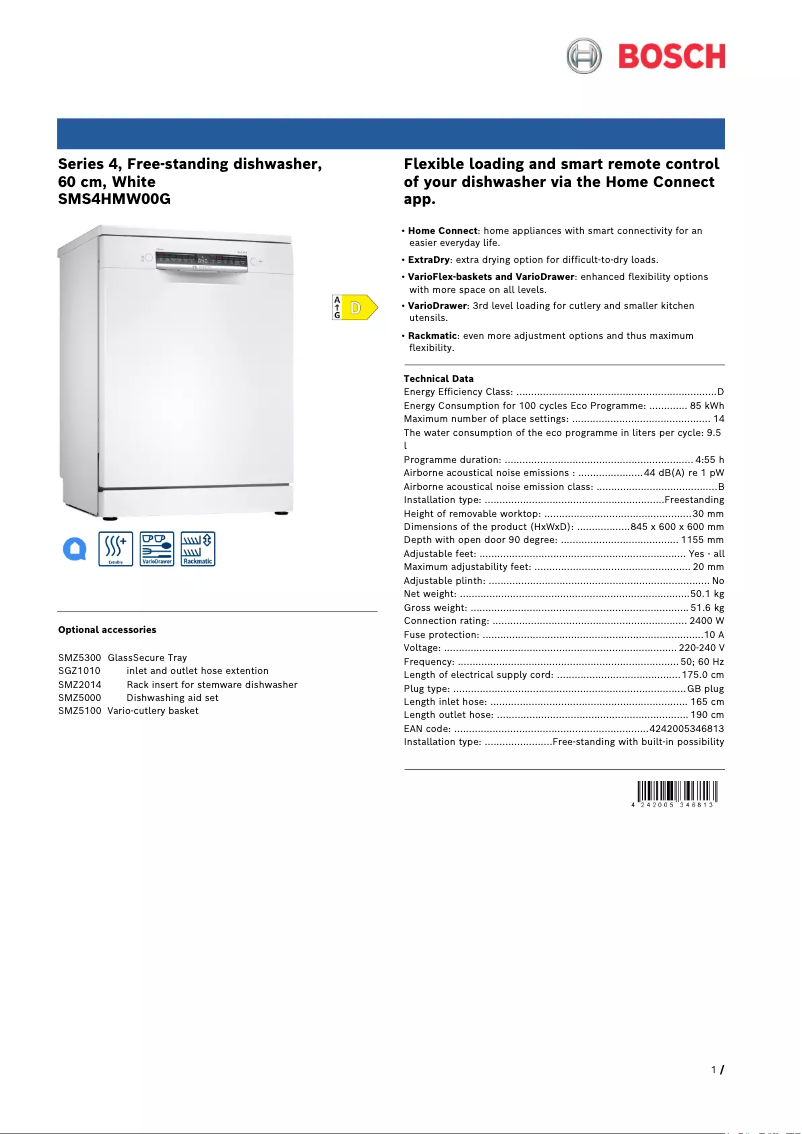 Página 1 del manual Ficha técnica Bosch SMS4HMW00G