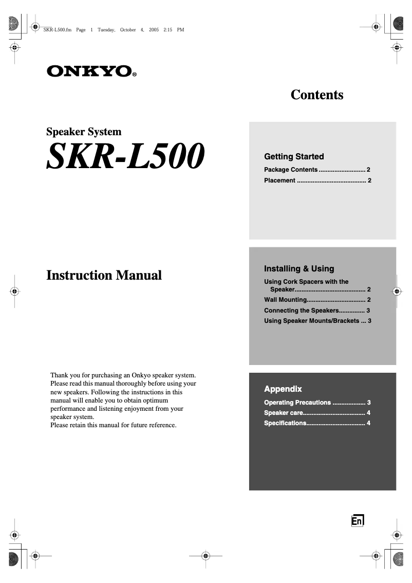 Page 1 de la notice Manuel utilisateur Onkyo SKR-L500