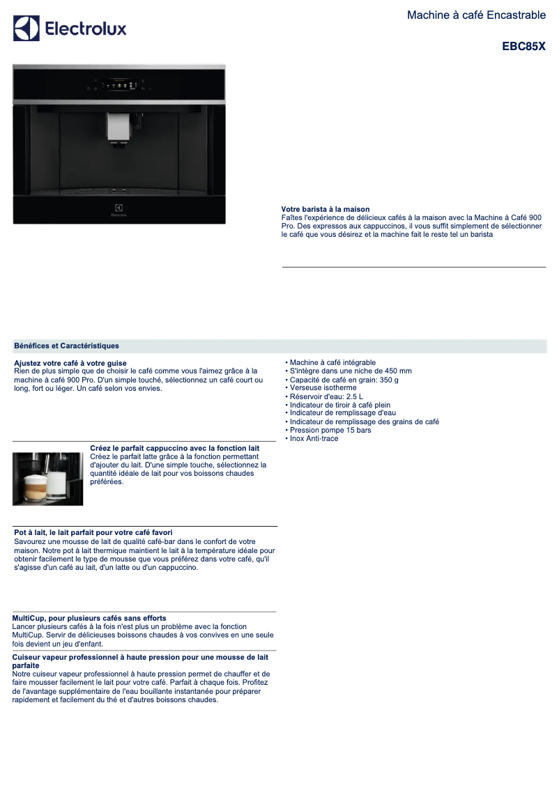 Page 1 de la notice Fiche technique Electrolux EBC85X