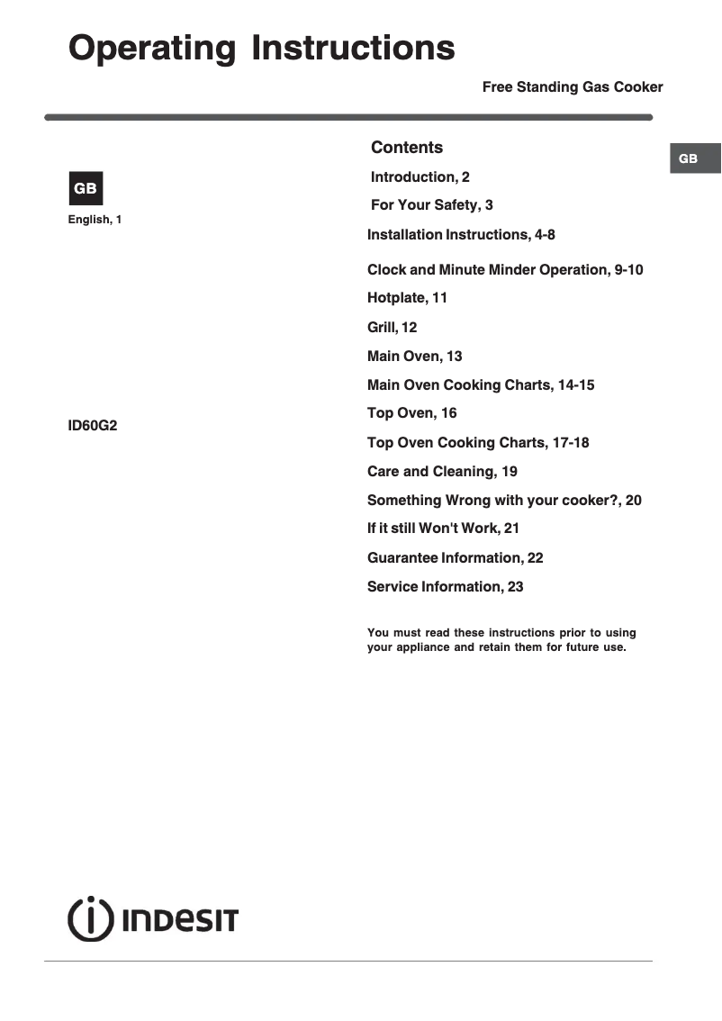 Page 1 de la notice Mode d'emploi Indesit ID60G2(W)