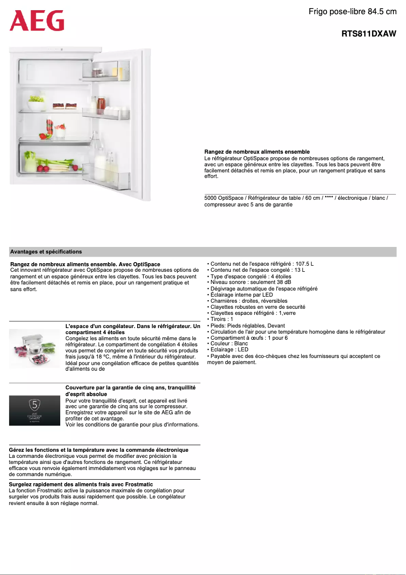 Page 1 de la notice Fiche technique AEG RTS811DXAW