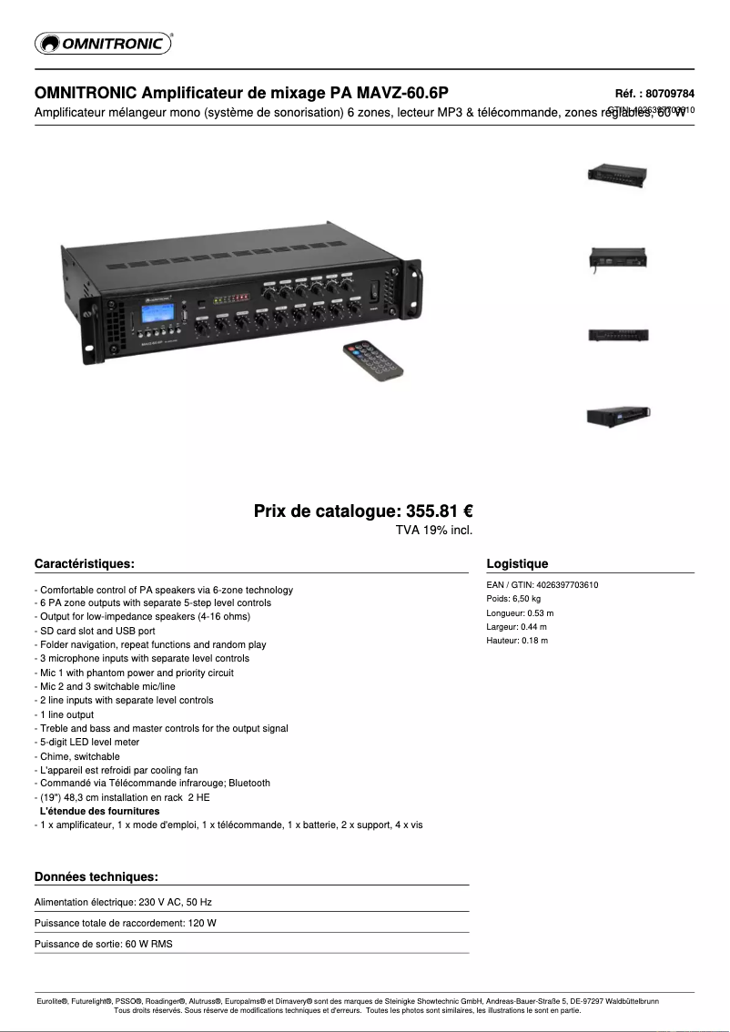 Page n°1 - Fiche technique Omnitronic MAVZ-60